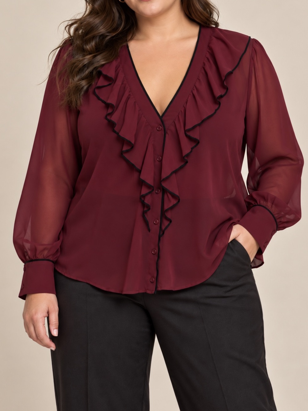 NWT Torrid Chiffon Ruffle V-Neck Button-Up Blouse Preppy Career Burgundy 1X